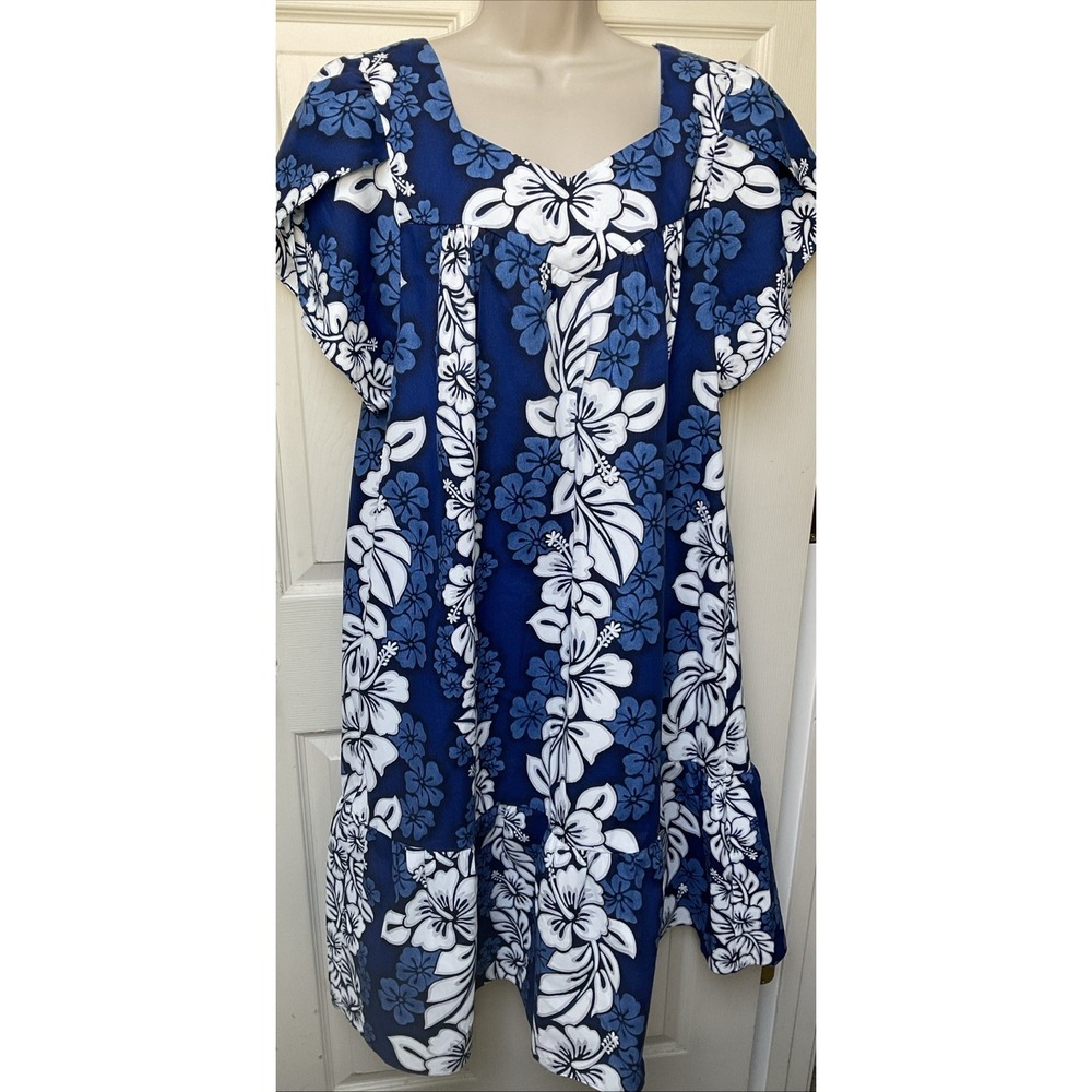 Vintage Jade Fashions Hawaii‎ Mumu Blue White Cotton Hibiscus Tropical Size XL